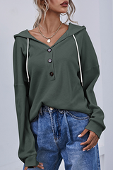 Casual Solid Draw String Buttons Hooded Collar Tops(3 Colors)