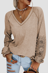 Casual Solid Lace Split Joint V Neck T-Shirts