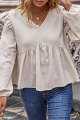 Casual Solid Split Joint Stringy Selvedge V Neck Tops