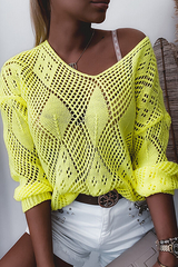 Casual Solid Hollowed Out Split Joint V Neck Tops