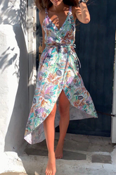 Casual Street Floral Split Joint Frenulum V Neck Irregular Dress Dresses