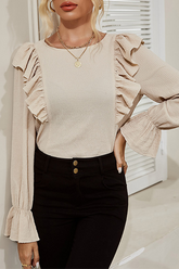 Casual Solid Split Joint Flounce O Neck Tops