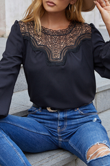 Casual Solid Lace Hollowed Out Split Joint O Neck Tops