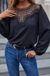Casual Solid Lace Hollowed Out Split Joint O Neck Tops
