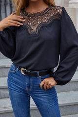 Casual Solid Lace Hollowed Out Split Joint O Neck Tops