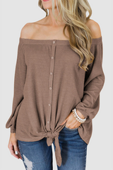 Casual Solid Buckle Knotted Off the Shoulder Tops