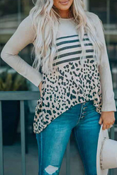 Casual Striped Leopard Split Joint Asymmetrical O Neck Tops