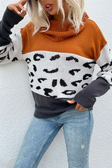 Casual Leopard Split Joint Contrast Turtleneck Tops