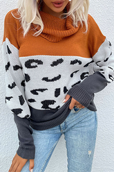 Casual Leopard Split Joint Contrast Turtleneck Tops