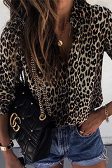 Fashion Leopard Buckle Turndown Collar Tops(4Colors)