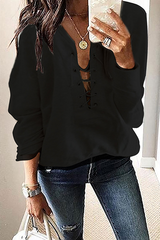 Casual Solid Split Joint Cross Straps V Neck Tops