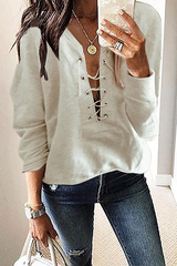 Casual Solid Split Joint Cross Straps V Neck Tops