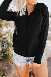 Casual Solid Draw String Pocket Zipper Hooded Collar Tops