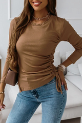 Casual Solid Draw String Slit O Neck Tops(3 Colors)