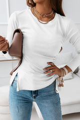 Casual Solid Draw String Slit O Neck Tops(3 Colors)