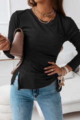 Casual Solid Draw String Slit O Neck Tops(3 Colors)