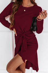 Fashion Elegant Solid With Belt Asymmetrical O Neck Long Sleeve Dresses