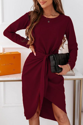Fashion Elegant Solid With Belt Asymmetrical O Neck Long Sleeve Dresses