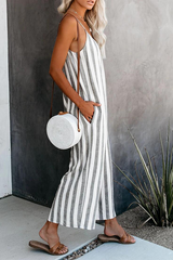 Casual Striped Split Joint Basic O Neck Jumpsuits