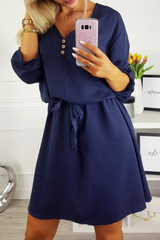 Casual Solid Buttons Strap Design V Neck Dresses(4 Colors)