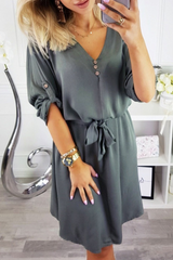 Casual Solid Buttons Strap Design V Neck Dresses(4 Colors)