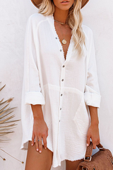 Casual Solid Split Joint Buckle V Neck Tops(5 Colors)