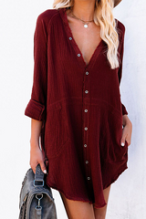 Casual Solid Split Joint Buckle V Neck Tops(5 Colors)