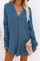 Casual Solid Split Joint Buckle V Neck Tops(5 Colors)