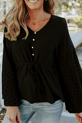 Casual Solid Lace Frenulum Buckle V Neck Tops