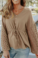 Casual Solid Lace Frenulum Buckle V Neck Tops