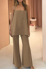 Casual Solid Split Joint Spaghetti Strap Sleeveless Two Pieces(4 colors)
