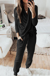 Casual Solid Split Joint V Neck Long Sleeve Two Pieces(6 Colors)