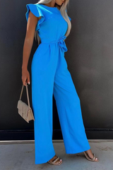Casual Solid Flounce O Neck Straight Jumpsuits(3 Colors)