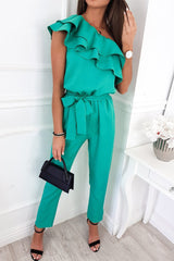 Sweet Elegant Solid Flounce Oblique Collar Regular Jumpsuits