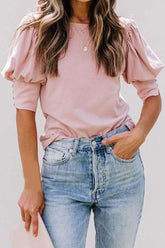 Puff Sleeve Round Neck Cotton T-Shirt