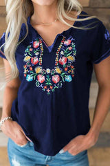 Retro Embroidery Short Sleeves Tops(3 Colors)