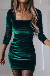 Pure Color Stretch Square Collar Gold Velvet Mini Dress