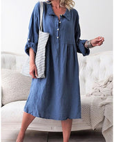 Women's Shirt Dress Midi Dress - Long Sleeve Solid Color Shirt Collar Hot Denim Blue Purple Army Green Orange Khaki S M L XL XXL