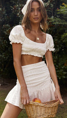 Beige Smocked Crop Top and Skirt Sets