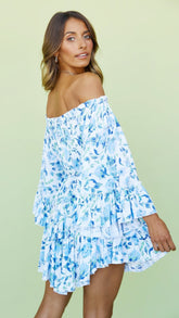 Blue Floral Off Shoulder Romper