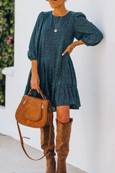 Puff Sleeve Back Slit Long Sleeve Dress