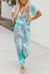 Tie-Dyed V-Neck Short Sleeve Jumpsuit