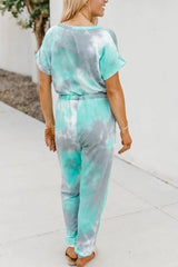 Tie-Dyed V-Neck Short Sleeve Jumpsuit