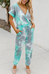 Tie-Dyed V-Neck Short Sleeve Jumpsuit