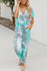 Tie-Dyed V-Neck Short Sleeve Jumpsuit