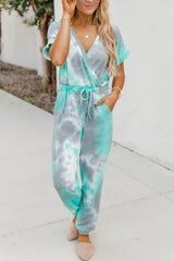 Tie-Dyed V-Neck Short Sleeve Jumpsuit
