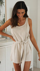 Beige Buttoned Waist-Tie Rompers