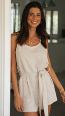 Beige Buttoned Waist-Tie Rompers