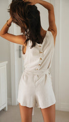 Beige Buttoned Waist-Tie Rompers