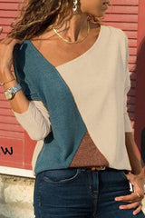 Color Block V-neck Long Sleeves Basic Tops
